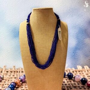 Navy Blue Beaded Necklace with Gold Accent Beads